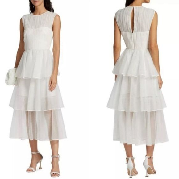 Jonathan Simkhai Benton Size 10 White Silk Pleated Tulle Tiered Midi Dress NWT